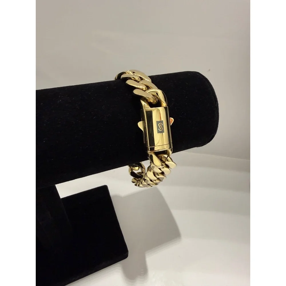 cuban bracelet 14k gold plated over stainless 8inch 14mm water resist lock clasp